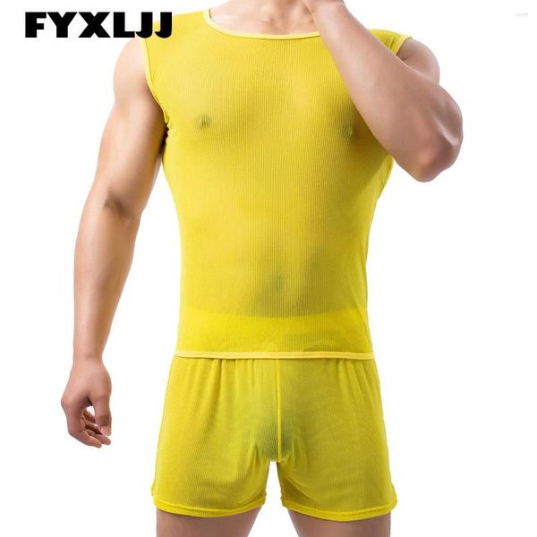 Erkek Eşofman FYXLJJ Erkekler Nefes Pijama Seksi Örgü Şeffaf Şeffaf Tank Tops Setleri Erkek Gym Fitness Kas Yelek Vücut Geliştirme