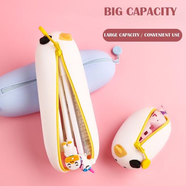 Bolsas fofas grandes e pequenas caixas de lápis de gato de grande capacidade de caneta de maquiagem de maquiagem de maquiagem material escolar Kawaii Silicone Stationery