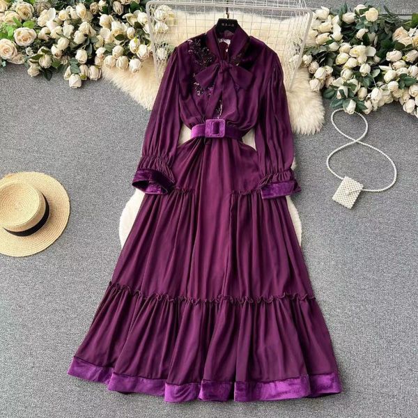 Casual Kleider Hohe Qualität Frauen Bogen Spitze Up Kragen Party Kleid Sommer Herbst Pailletten Perlen Chiffon Patchwork Samt Lange mit Gürtel