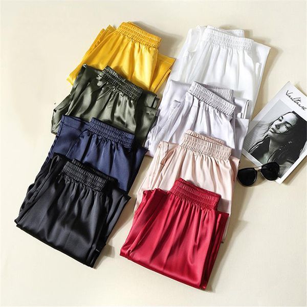 Neue Hohe Taille Baggy Solide Eis Seide Breite Bein Hosen frauen Elegante Stil Hosen Weibliche Klassische Imitat Satin Breite bein