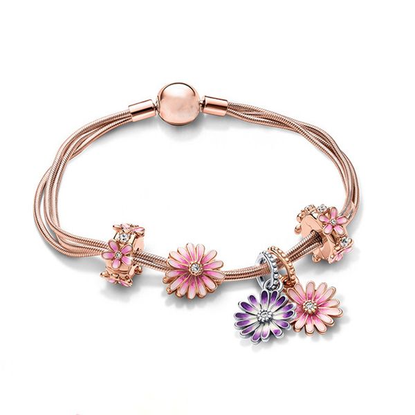 Pulseiras de corrente dupla de ouro rosa, encantos de jardim, pingente de flor, acessórios de joias de prata s925, designer de luxo, presente de festa, faça você mesmo, pulseira Pandora com caixa