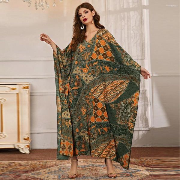 Abbigliamento etnico 2023 Ramadan Print Musulmano Abaya Abito per le donne Eid Arabo Femme Elegante Patchwork Abiti a maniche lunghe Abbigliamento da festa islamico