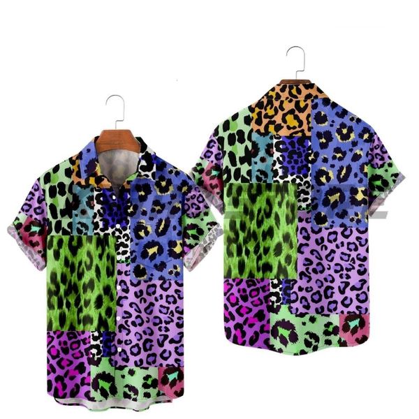 Мужские классические рубашки Повседневная рубашка на пуговицах для мужчин сшитая с леопардовым принтом Harajuku Color Block Turndown Outdoor Street Рубашка с коротким рукавом Одежда 230629