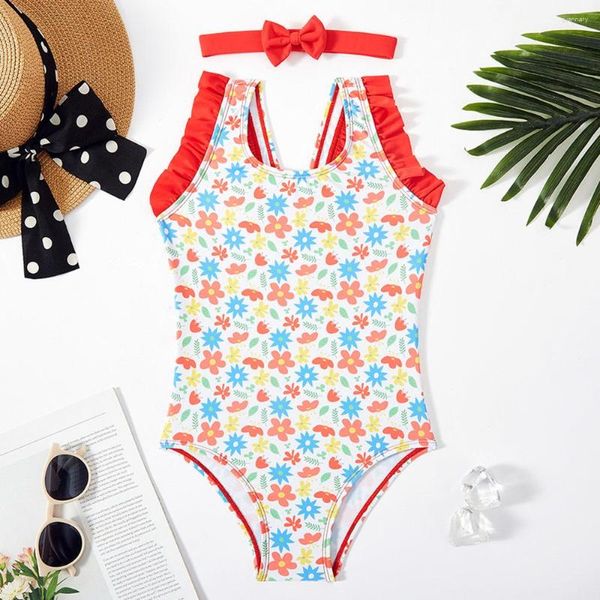 Roupa de banho feminina floral menina peça única infantil com faixa de cabelo babado alça infantil 5-14 anos maiô verão moda praia 2023