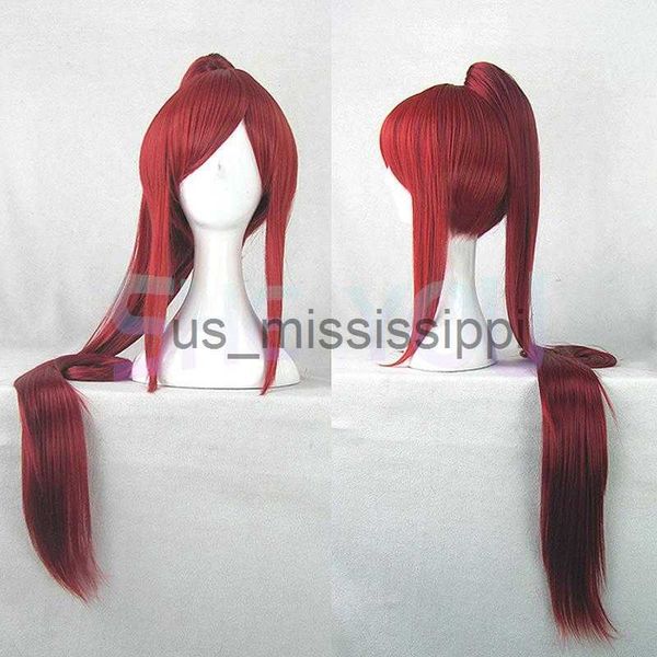 Cosplay Wigs FAIRY TAIL Erza Scarlet 100CM Long Deep Red Cos Wigs with ponytail Cosplay Wig Cap x0630