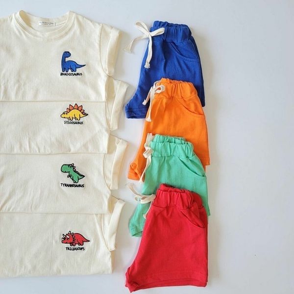 Conjuntos de roupas de bebê de 0 a 5 anos, roupas de verão, meninos, desenhos animados, dinossauros, camiseta de manga curta, meninos e meninas, shorts de manga curta, terno 230628