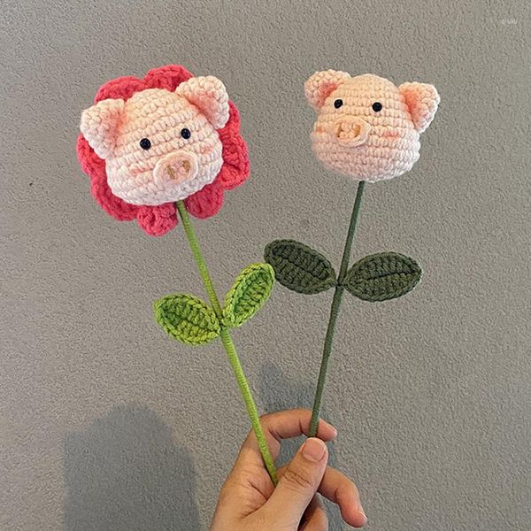 Flores decorativas artificiais crochê flor de porco kawaii tricotada à mão buquê feito em casa feito em casa faça você mesmo decoração de festa de casamento