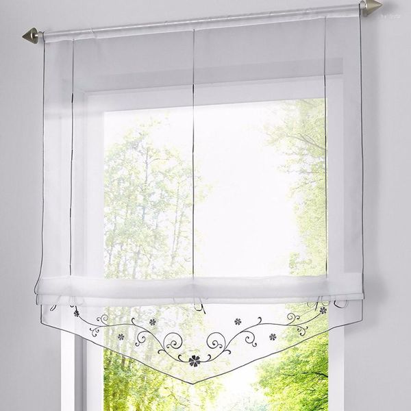 Cortina floral tule para janela persianas romanas cortinas transparentes bordadas cozinha sala de estar quarto painel de triagem