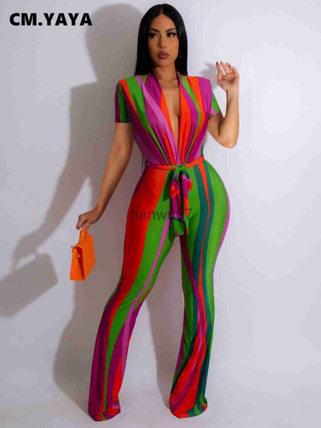 Kadın Tulumlar Tulum CMYAYA Kadınlar Renkli Çizgili Derin V Yaka Kuşaklı Geniş Bacak Seksi Parti Tulum 2023 Yaz Playsui Romper Tek Parça Takım Elbise J230629