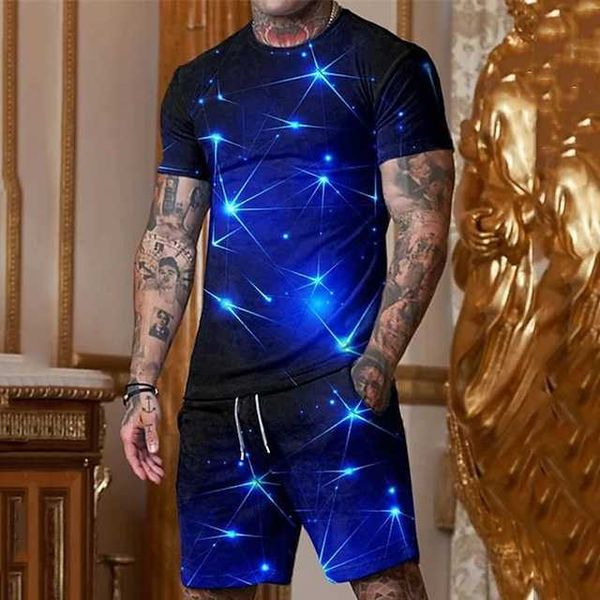 Herren-Shorts, T-Shirt-Set, Outfits, Grafik, Stern, Rundhalsausschnitt, Kleidung, Bekleidung, Outdoor, Alltag, Kurzarm, 3D-Druck, 2, Designer, lässig, bequem