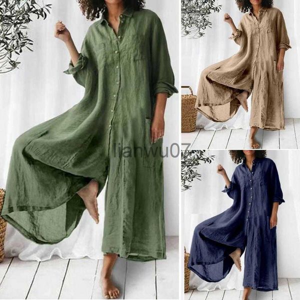 Женские комбинезоны Rompers Summer Women Jumpsuit Casual Loose Long Sleeve Oversize Solid Midi Jumpsuit Cotton Linen Dresses for Women Vestidos De Mujer J230629