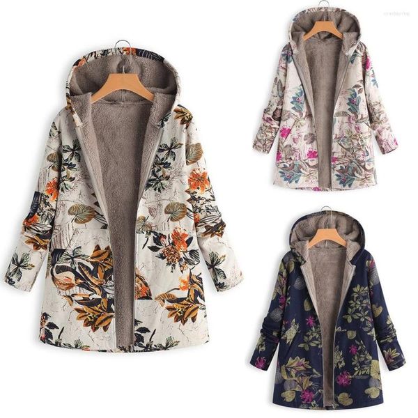 Damen-Trenchmäntel, Winter-Frauen-Kapuzenjacke, Vintage-Stil, lässig, Blumen-Blumen-Druck, Taschen, gepolstert, Übergröße, warm, langer Parka-Mantel