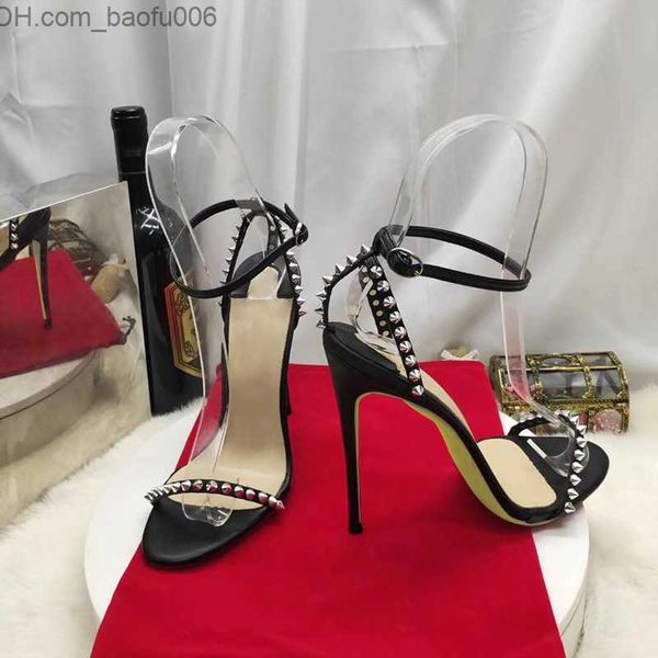 Sandalen Sommer sexy Dame Damen Sandalen Kurze Knöchelriemen Nieten Spikes Mattes Leder High Heels Schuhe 12 cm große Größe 43 Z230629