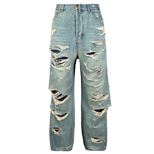 Hip Hop jeans rasgados envelhecidos calças jeans largas de camada dupla moda masculina streetwear Harajuku Blue Jeans