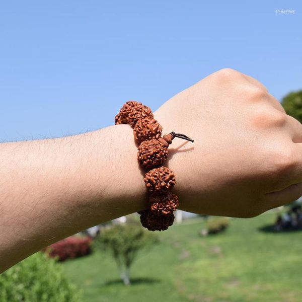 Strand Fashion Nepal Rudraksha Men Bracelet Nature 18mm 6 Mukhi Beads Pulseiras Handmade Buda Meditação Jóias Presentes