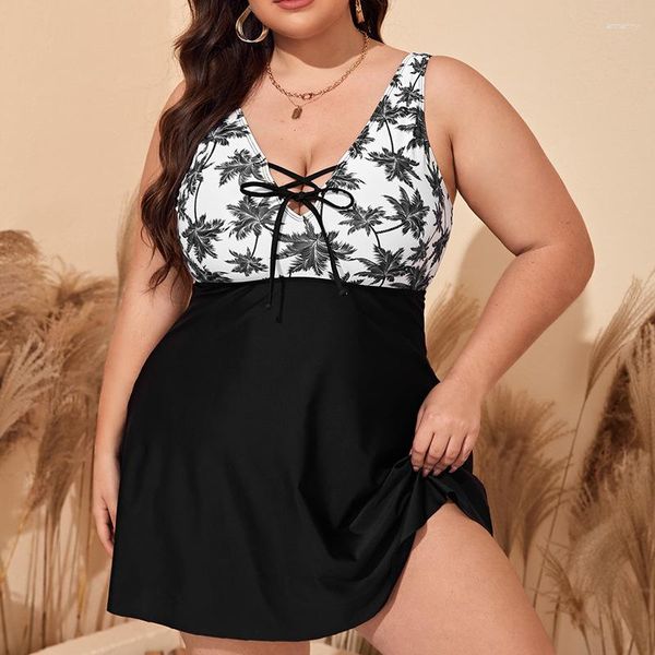 Roupa de banho feminina 2023 moda maiô dividida no peito vestido sem costas com amarração borda folhas estampado praia vácuo spa biquíni