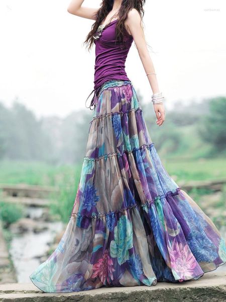Gonne AIGYPTOS Summer Women Boho Maxi Skirt Fancy Purple Romantic Floral Print Beach Casual Ruffles Chiffon Holiday Long