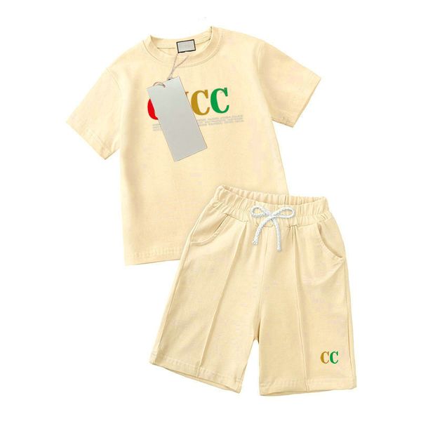 Novos conjuntos de roupas infantis de grife, roupas clássicas para bebês, meninos e meninas, roupas de moda, letras, terno de manga curta, roupas infantis 2 cores, alta qualidade AAA