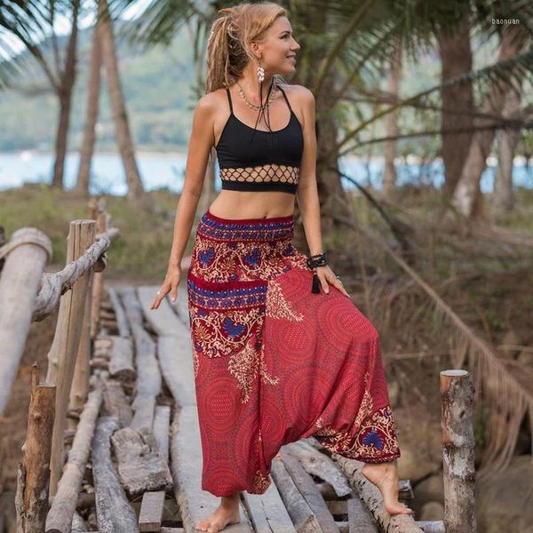 Etnik Giyim Kadın Nedensel Baskı Hippy Baggy Sari Geniş Bacak Pantolon Boho Plaj Bloomers Bohem Tarzı Tayland Sarees Gevşek Pantolon