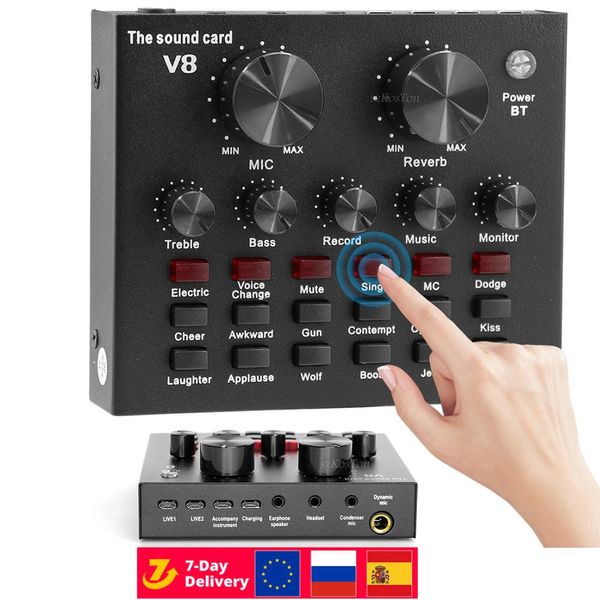 EARENHONES V8 CARTA DE SOM DJ DJ STUDIO Audio Interface Mixing Console Gravador de fone de ouvido Microfone Mixer de som de som 48V Phantom Power