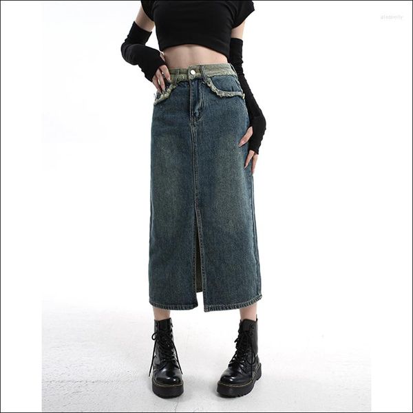 Röcke Seoulish Sommer Damen Denim Wrap 2023 Vintage Front Split High Wasit Jeans Weibliche Gerade Bleistift