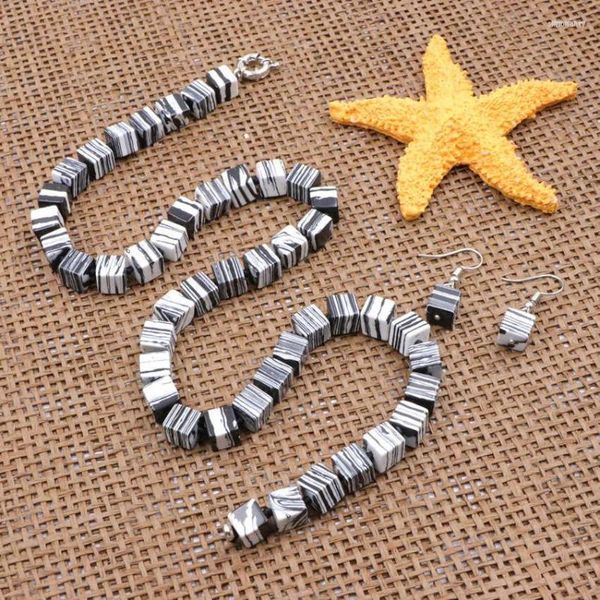 Black and White Zebra Turquoise Stone Necklace and Earrings Set with 8mm Cube Beads and Short Chain Dangle - Statement Women's grey necklace set (18 inches) - A947