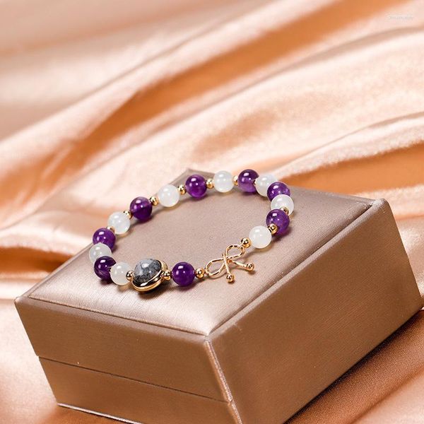 Strand Мода бантом белый лунный камень/фиолетовый кристалл/черный кварц рутилированные бусины золотой цвет браслеты для женщин женский
