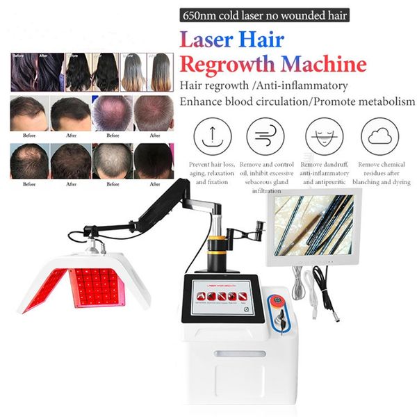 Máquina de crescimento de cabelo a laser de diodo de baixo nível 650nm 5 em 1 terapia de luz detecção de couro cabeludo anti queda de cabelo equipamento de salão de beleza