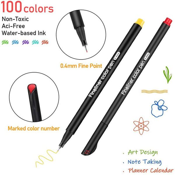 Маркеры Fineliner Color Pen 100 уникальных цветных тонких ручек 0,4 мм, фломастеры, пористый точечный маркер для книжки-раскраски для взрослых, ведение заметок