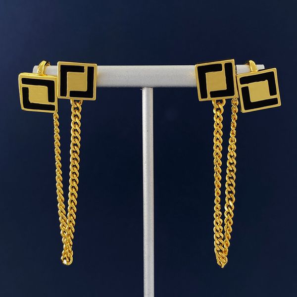 Damen-Ohrstecker, Designer-Ohrstulpen-Ohrring mit hängender Kette, Schmuck, goldene Ohrringe, emailliert, schwarz, luxuriöse F-Creolen, 18 Karat vergoldet, Ohrring, Verlobung, modische Box