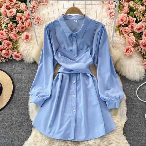 Casual Kleider Koreanische Stil Frauen Hemd Kleid 2023 Frühling Sommer Langarm Kette Faux Zweiteilige Weibliche Party Revers OL vestidos