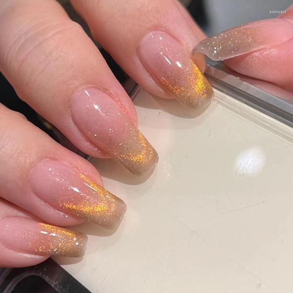 Falsche Nägel Langes Ballett Gold Französisches Katzenauge Fake Y2k mit Designs Tragbarer Farbverlauf Glitzer Aurora Press On Nail Tips