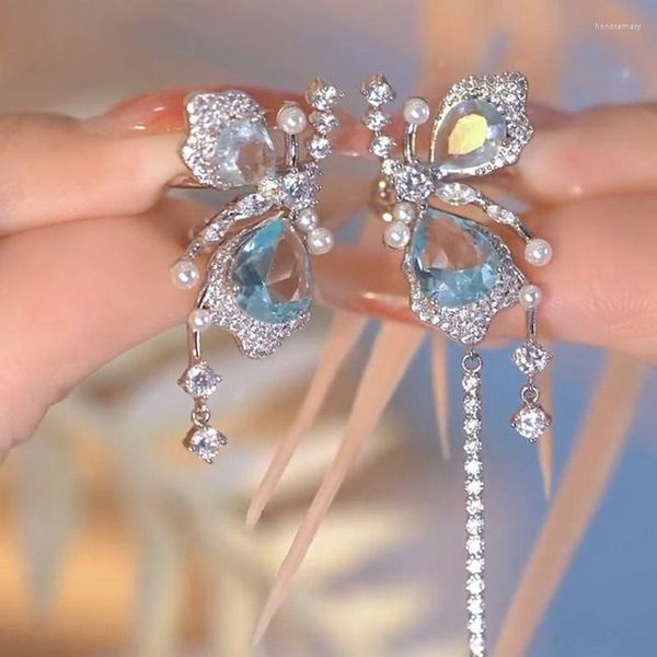 Brincos de cristal azul borboleta gota brinco para mulheres moda bowknot imitação pérola corrente borla strass clipe de orelha jóias presente