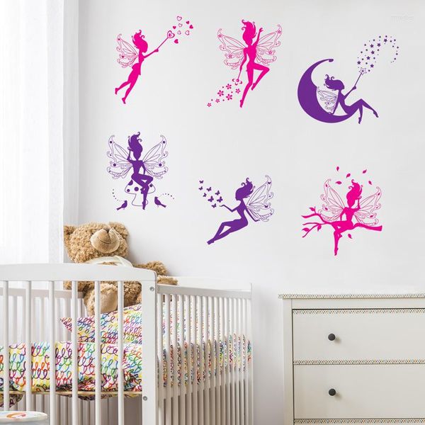 Adesivos de parede dos desenhos animados DIY adesivo menina com asas coloridas de elfo papel de parede quarto de solteira quarto infantil jardim de infância bonito decalque mural