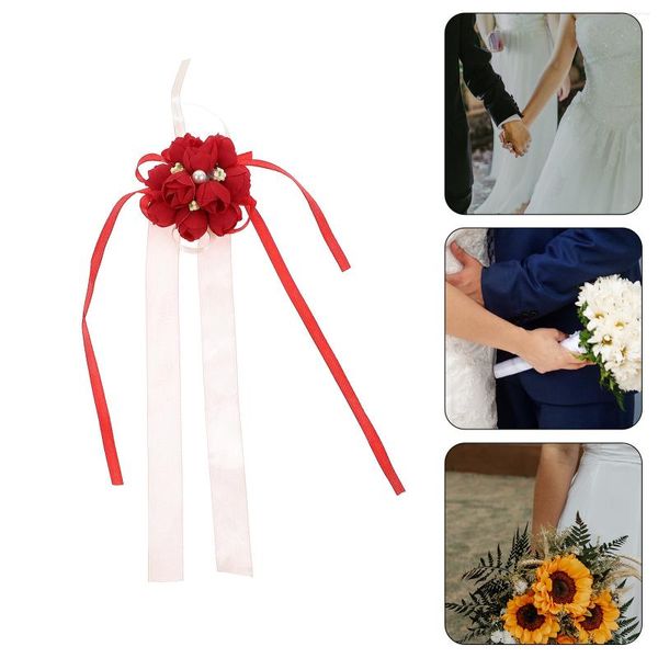 Flores decorativas Pulseira de flor Acessório para fantasia de casamento Pulso Mão Corsage Conjunto Boutonniere Roxo