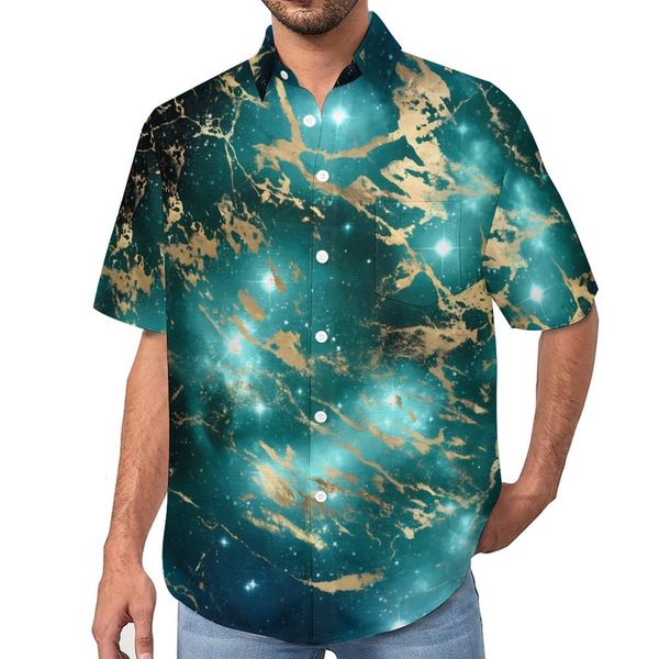 Camisas sociais masculinas Space Marble Vacation Shirt Starry Night Golden Hawaiian Casual Blusas masculinas estilosas mangas curtas Tops personalizados tamanho grande 230629