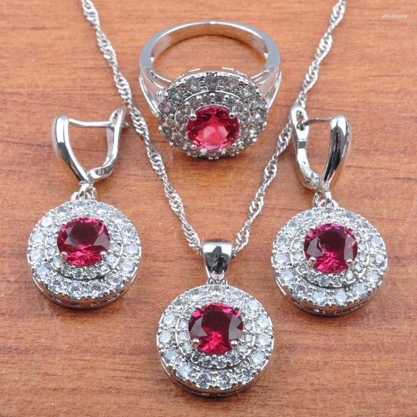 Colar Brincos Conjunto Rosa Vermelho Zircônia Feminino Casamento Jóias Pingente Conjuntos de Anel JS0272