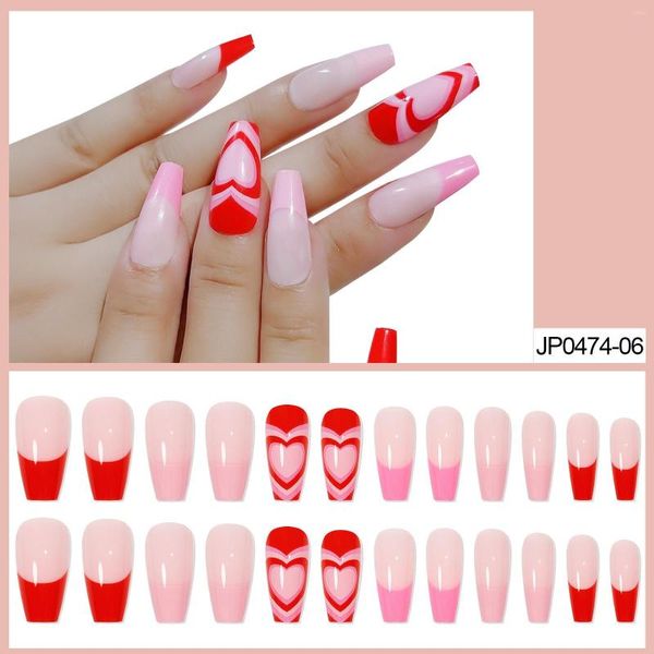 Unhas postiças Unhas francesas com coração vermelho usando remendo acabado removível 24 peças faixa de pressão gel gel X pontas redondas