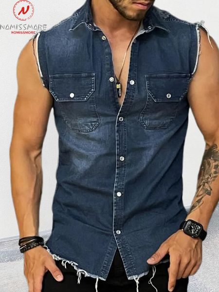 Camicie eleganti da uomo Moda Uomo Estate Tinta unita Denim Monopetto Design Tasca Decor Collo rovesciato Senza maniche Slim Cardigan Top 230628