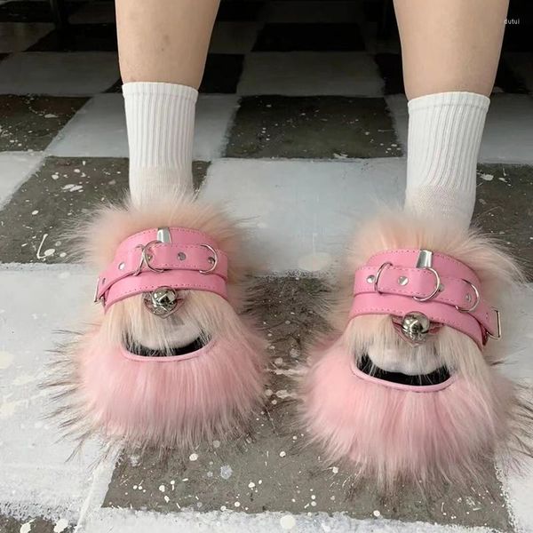 Сандалии 2023 в стиле панк, индивидуальная розовая меховая обувь, Вьетнамки, тапочки с пряжкой на толстой подошве