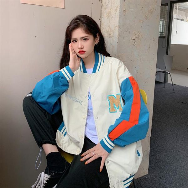 Jaquetas femininas roupas da moda coreana legal estudantes jaqueta meninas outono manga longa botões para cima gola alta casaco solto Harajuku Patchwork