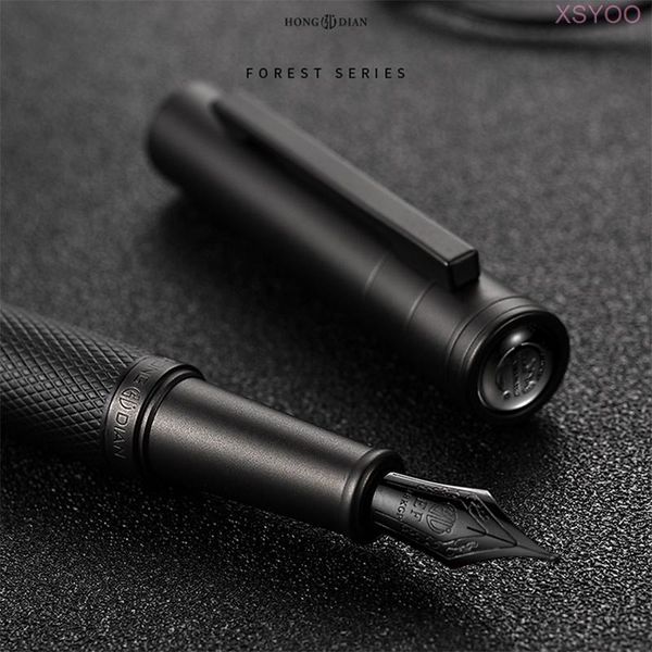 Pens Hongdian Black Silver Metal Metal Pen EF/F/Textura de Nibtree Bent Excelente escrita Titanium Fountain Pen Standard Pen