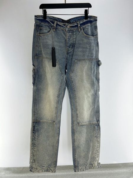 Jeans masculinos de marca de alta qualidade, simples, de cor sólida, com vários bolsos, calças retas, jeans de grife de luxo