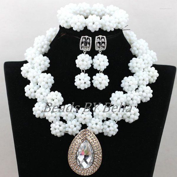 Collana Orecchini Set Chunky Opaque White Balls Nigeriano Wedding Women Crystal Beads Ciondolo africano ABK543