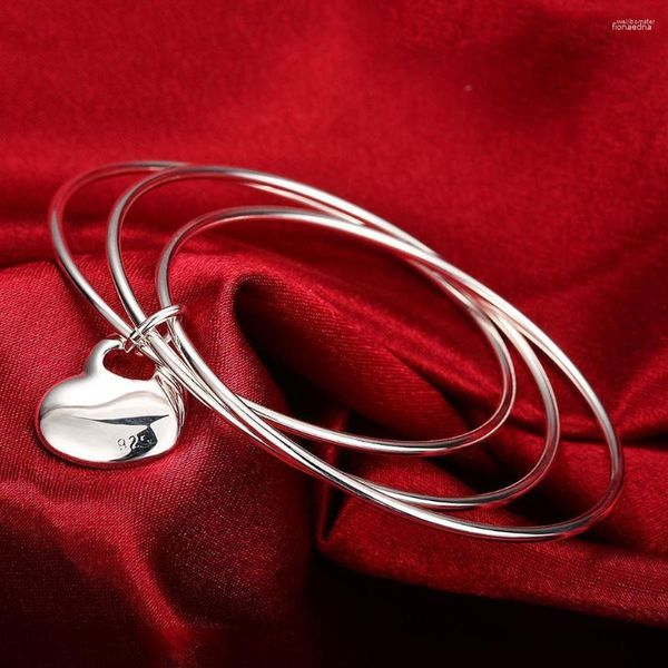 Pulseira 925 cor prata três círculos pendurado coração pulseiras para mulheres moda festa presentes de feriado menina estudante jóias