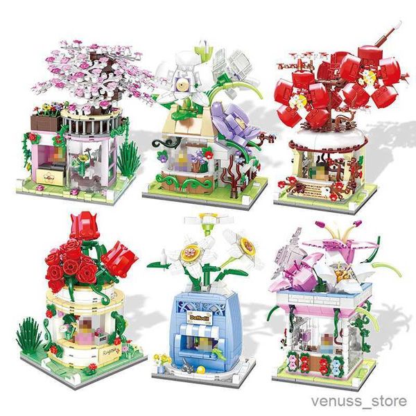 Blocks Bouquet Street View Shop Modellbausteine Kirschblüte Pflaumenblüte Rose Zusammengebautes Kinderspielzeug Geschenk R230629