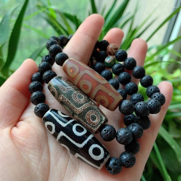 Braccialetti di fascino Retro Healing Black Lava Natural Tibetan Dzi Agates Bracciale 40mm Buddha Agat a nove occhi Filo a sfera rotonda con tre occhi