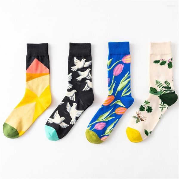 Damensocken, Tauben, Sonnenuntergang, Tulpen, Blumen, Vögel, Frösche und Bienen, britischer Stil, europäisch-amerikanische Kunstliebhaber, langer Schlauch, lässig, C08