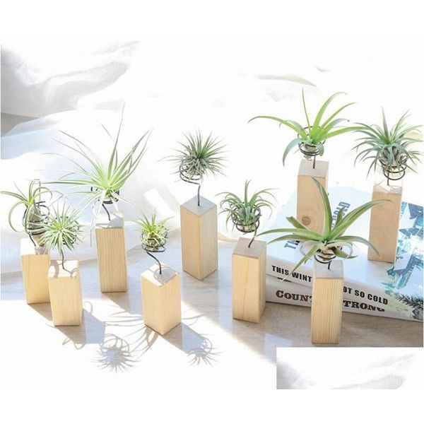 Decorações de jardim Ferro Air Plant Stand Recipiente Tillandsia Titular Mesa Pot Display Rack Vaso Com Base De Madeira Xb1 Drop Delivery Dhw0H