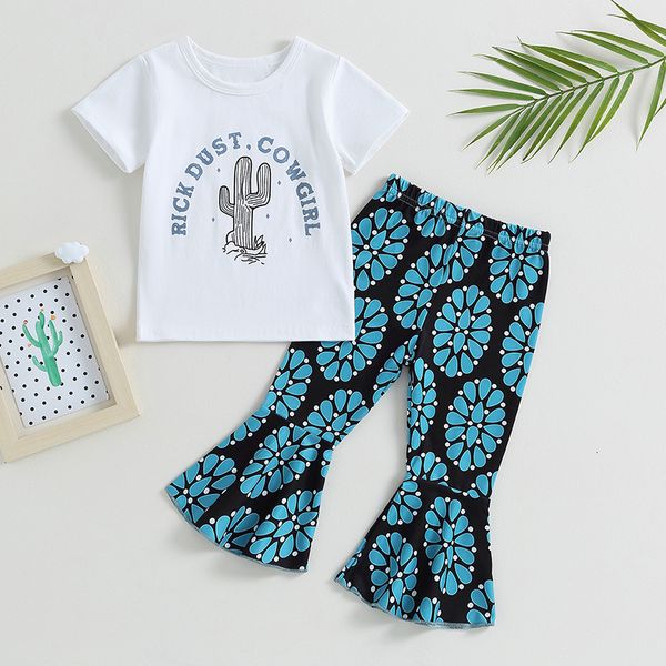 Пижамы Listenwind 6M 4Y Kid Girls Pants Set Short Sleeve Crew Neck Letters Cactus Print Футболка с цветочным принтом Summer Outfit 230628